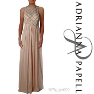 ADRIANNA PAPELL Beaded Bodice Chiffon Evening Gown